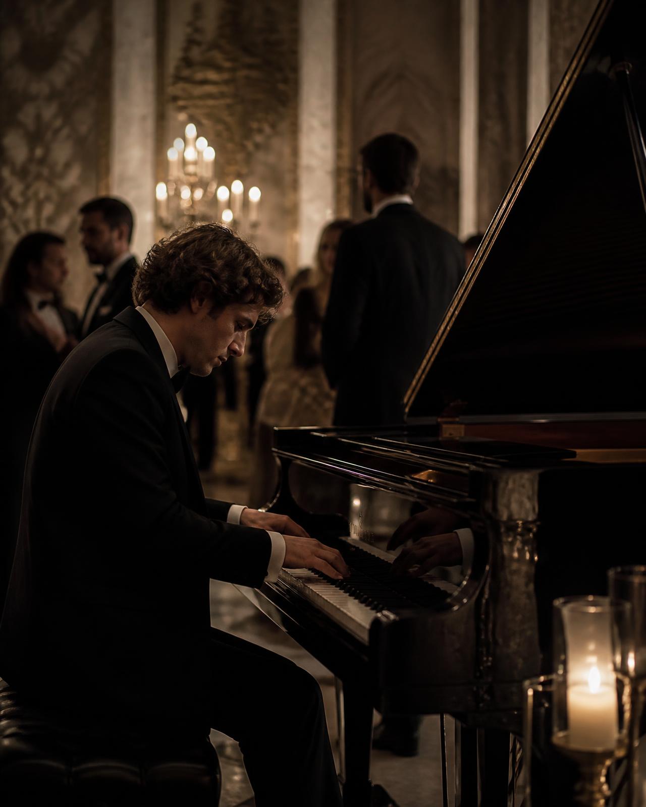 Pianista a tocar num salão de mármore à luz de velas