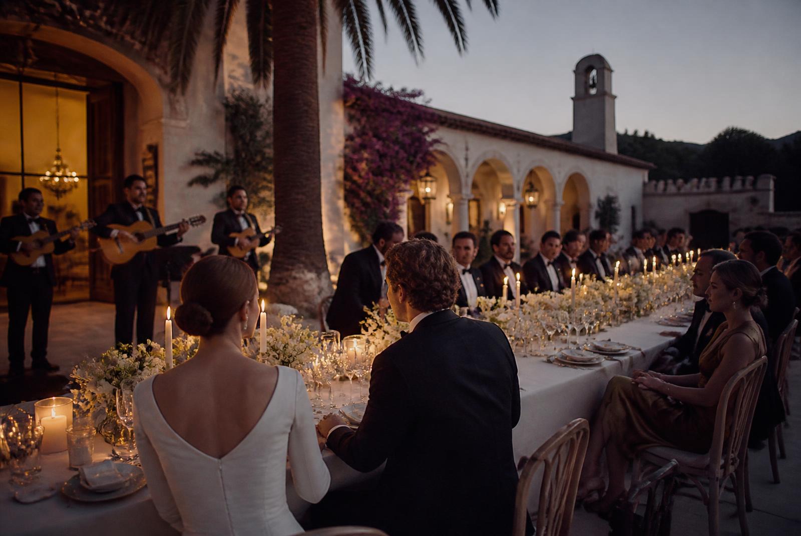 COCKTAIL de casamento ao anoitecer numa finca em Espanha com músicos ao vivo